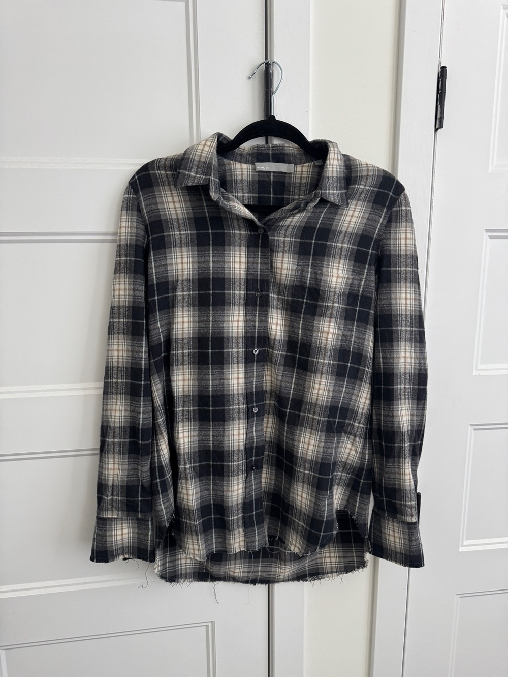 Vince Cotton Plaid Long Sleeve Flannel w/ Black Ivory Pattern & Frayed Raw Hems